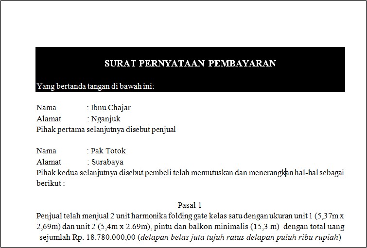 Contoh Surat Pernyataan Perjanjian Pelunasan Spp
