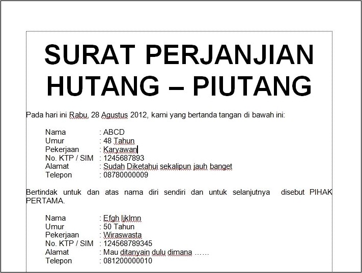 Contoh Surat Pernyataan Perjanjian Pembayaran Hutang