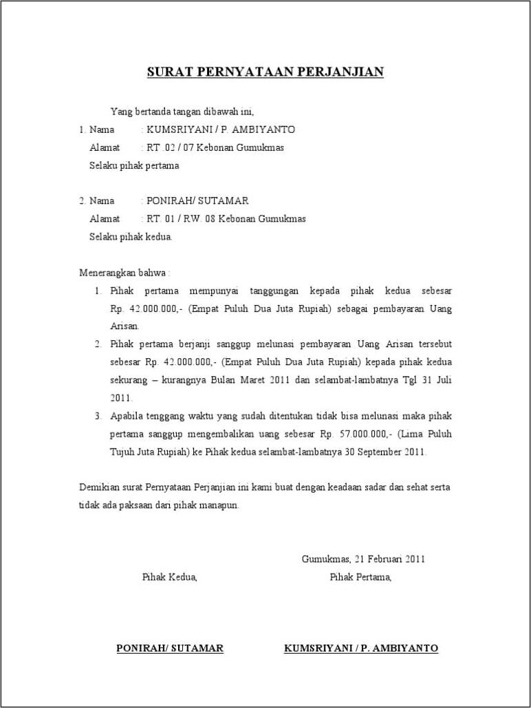 Contoh Surat Pernyataan Perjanjian Pengembalian Uang