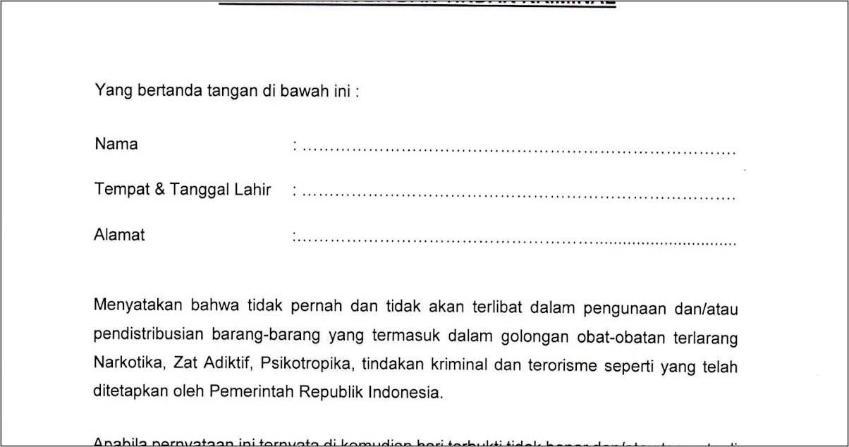 Contoh Surat Pernyataan Perjanjian Tidak Memakai Barang Terlarang