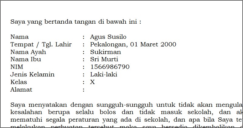 Contoh Surat Pernyataan Perjanjian Tidak Mengulangi Kesalahan