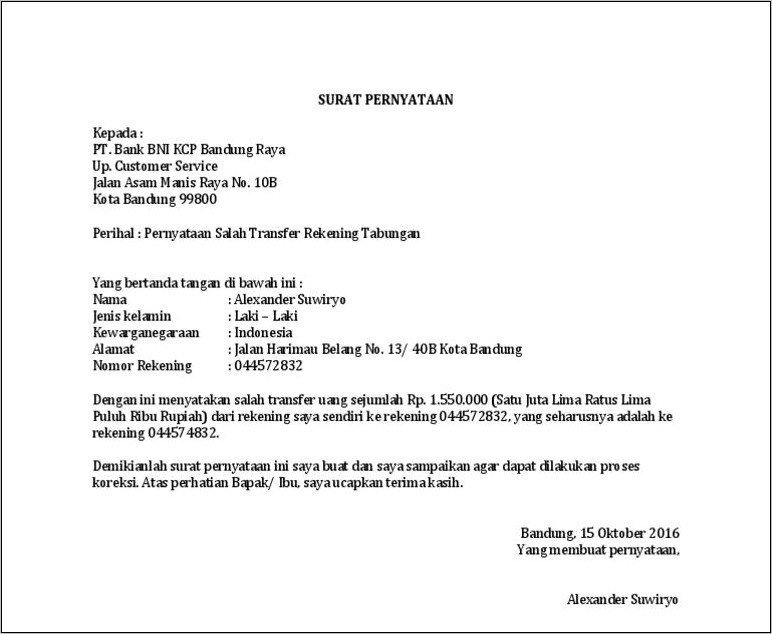 Contoh Surat Pernyataan Salah Transfer