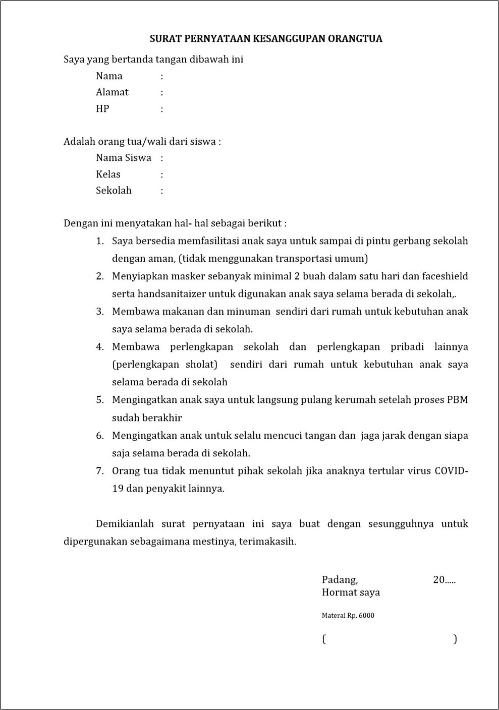 Contoh Surat Pernyataan Sekolah Smp