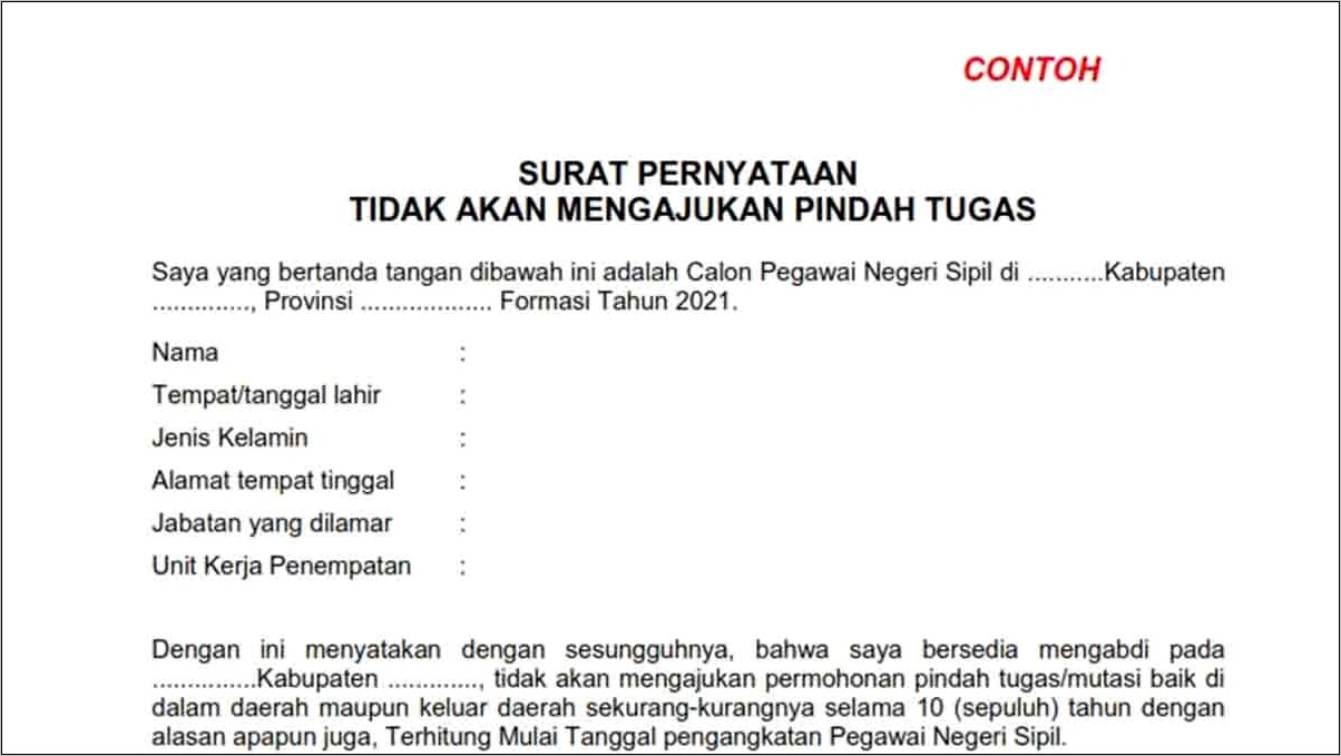 Contoh Surat Pernyataan Tidak Mengajukan Pindah