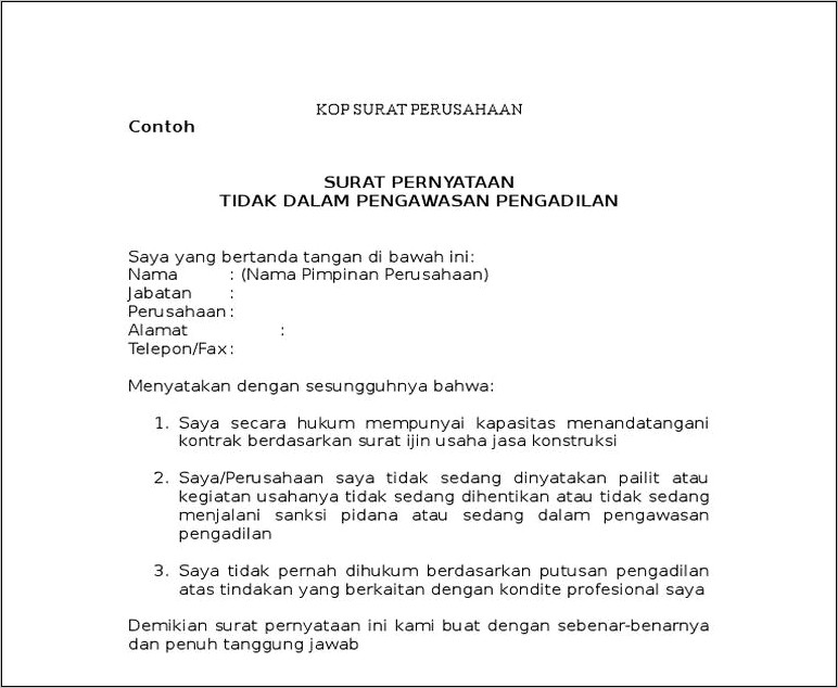 Contoh Surat Pernyataan Tidak Pailit