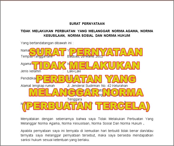 Contoh Surat Pernyataan Tidak Pernah Terlibat Tindakan Melanggar Hukum