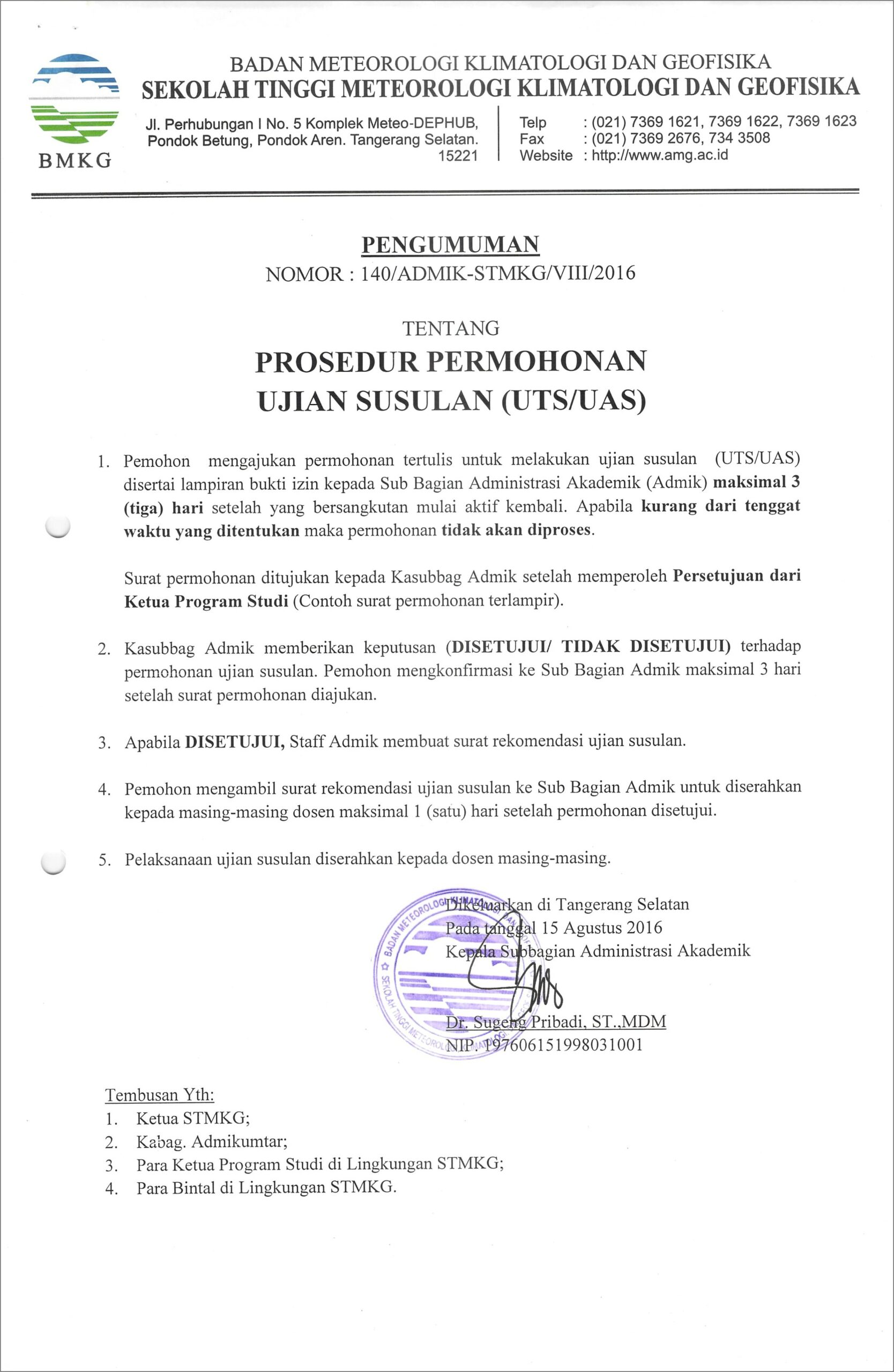 Contoh Surat Pernyataan Ujian Susulan