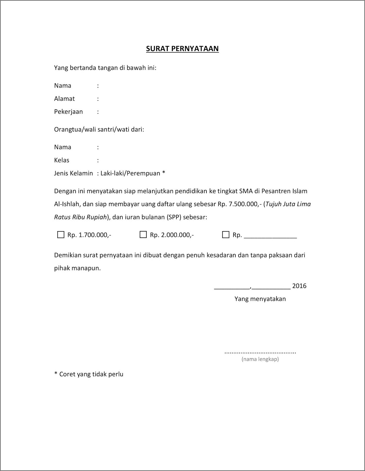 Contoh Surat Pernyataan Untuk Siswa