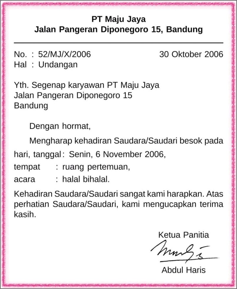 Contoh Surat Yang Memakai Keterangan Dibwahnya