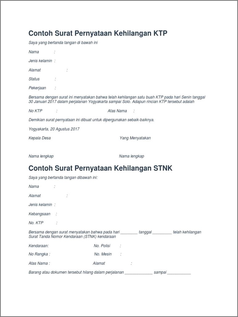 Download Contoh Surat Keterangan Kehilangan