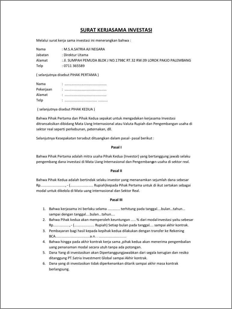 Download Contoh Surat Perjanjian Investasi Dana