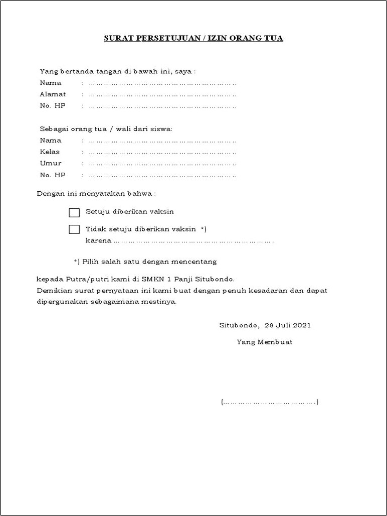 Pdf Contoh Surat Keterangan Orangtua Untuk Imunisasi Anak