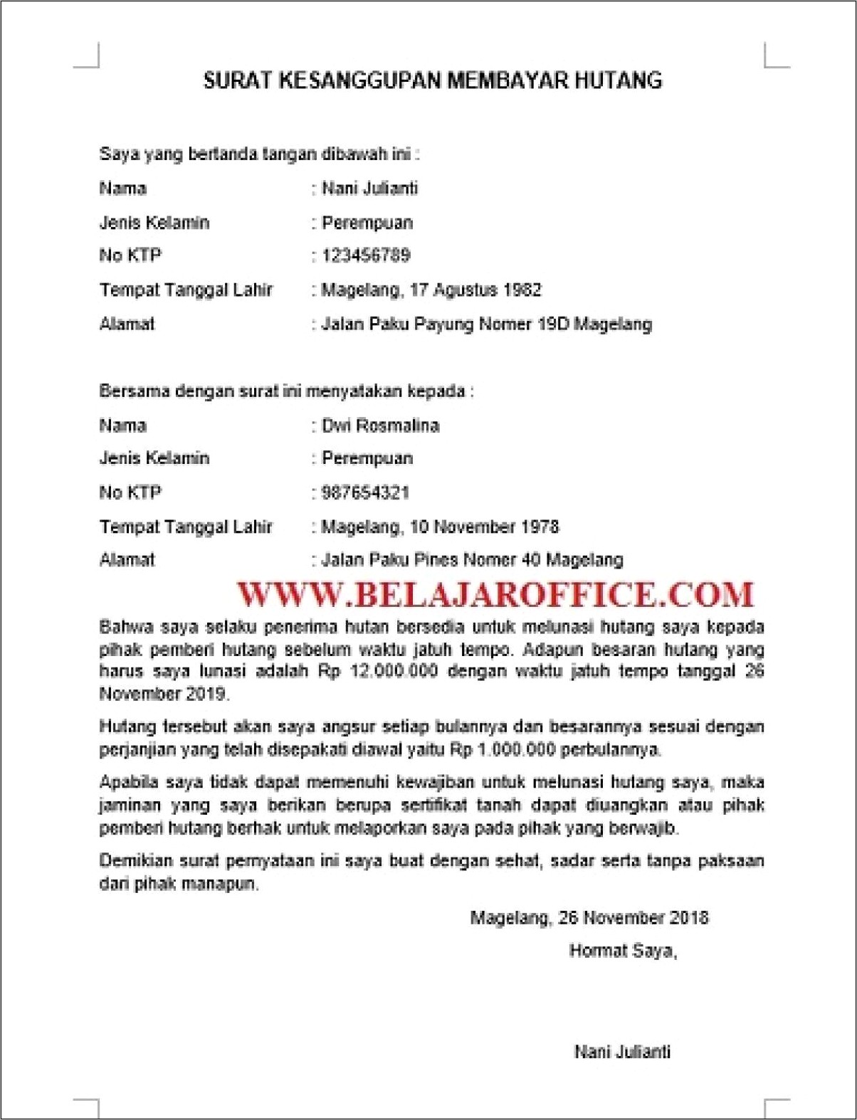 Pelunasan Contoh Surat Perjanjian Hutang