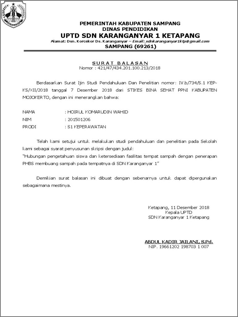 Contoh Format Surat Balasan Izin Penelitian Skripsi Dari Sekolah