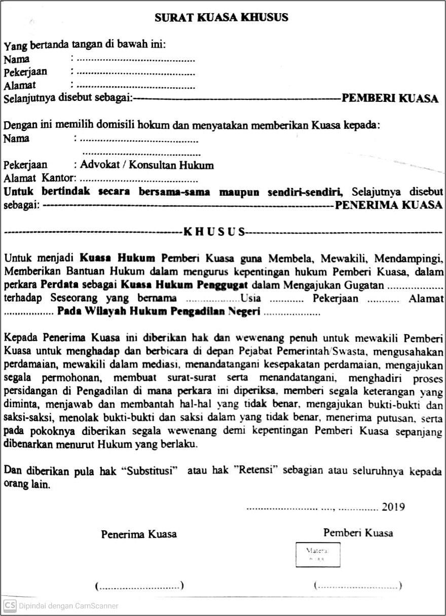 Contoh Format Surat Izin Beracara Pengadilan Negeri Pada Gugatan Perdata