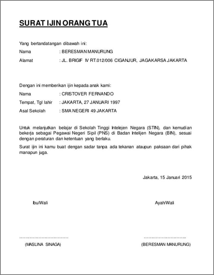 Contoh Format Surat Izin Orang Tua Untuk Pendaftaran Kegiatan Sekolah