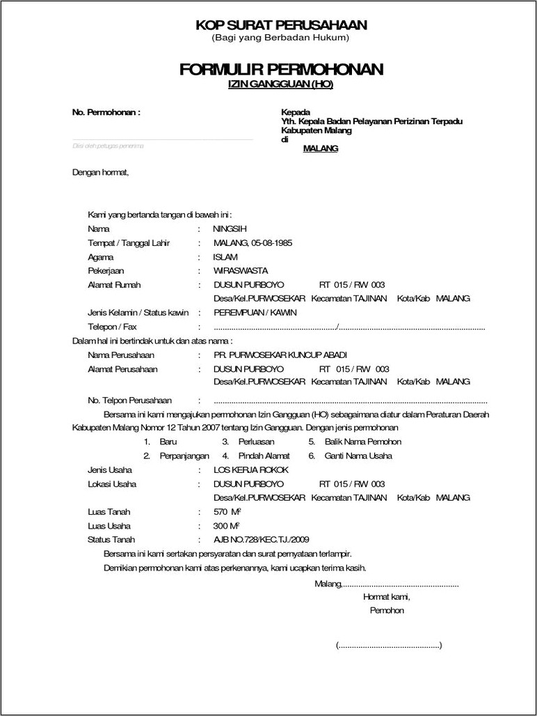 Contoh Formulir Surat Izin Tempat Perusahaan