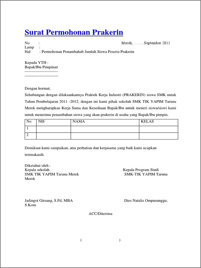 Contoh Gambar Surat Izin Tidak Masuk Pkl Smk