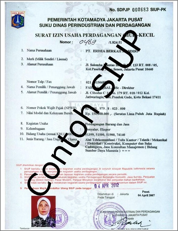 Contoh Pengisian Formulir Surat Izin Tempat Usaha