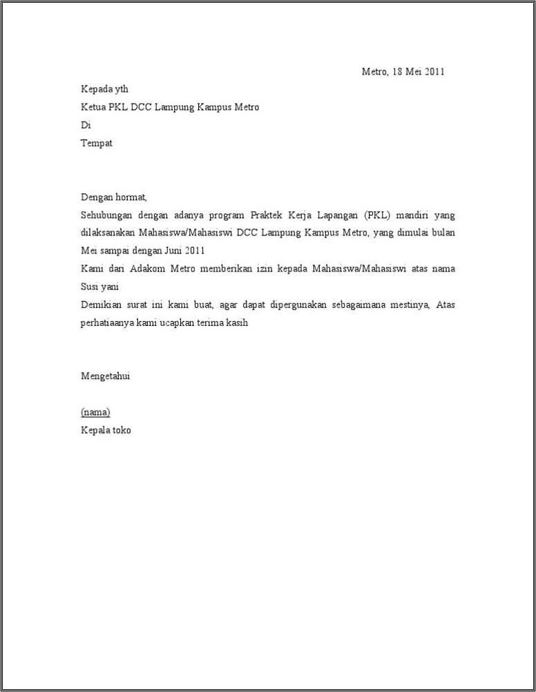 Contoh Surat Balasan Izin Tempat