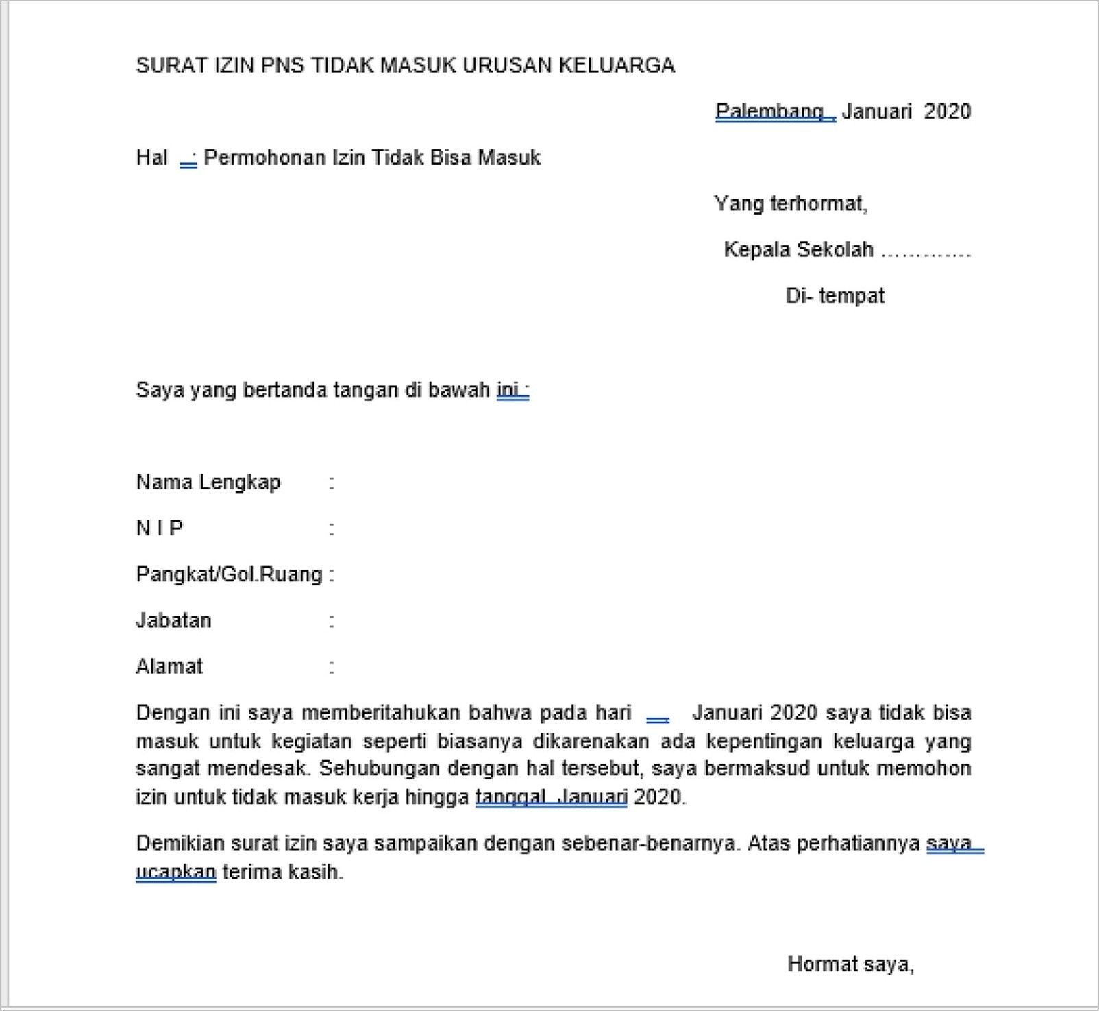 Contoh Surat Dinas Izin Tidak Masuk Sekolah