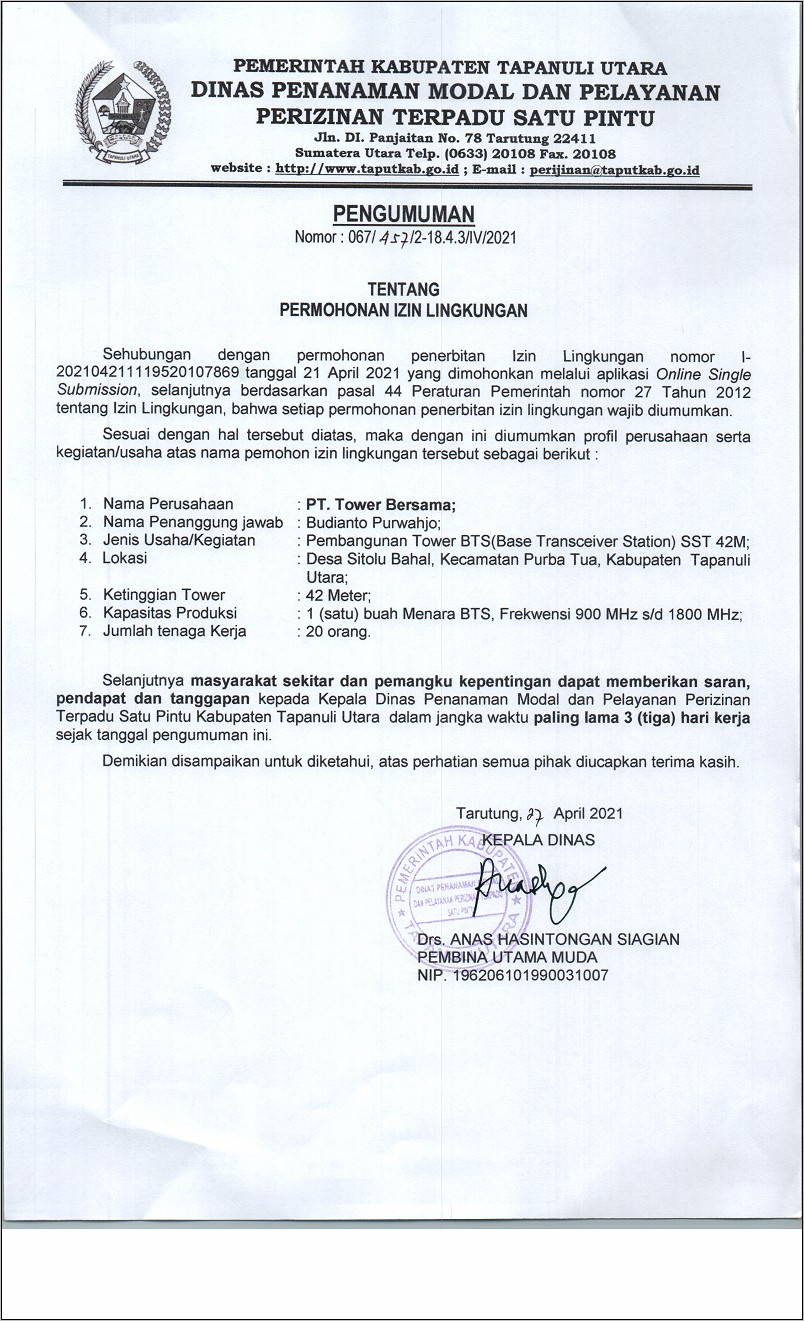 Contoh Surat Dinas Perizinan