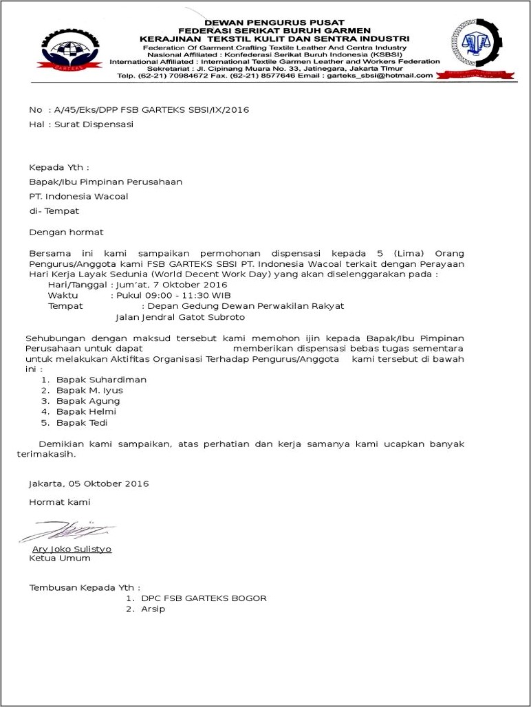 Contoh Surat Dispensasi Perusahaan