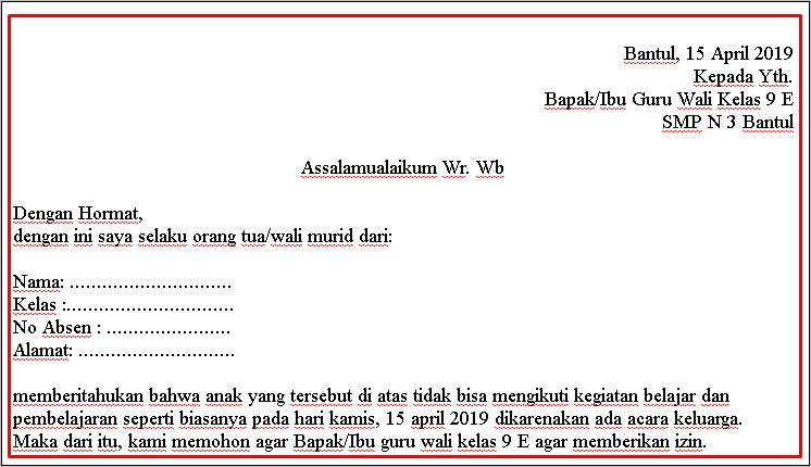 Contoh Surat Izin Acara Keluarga Dalam Bahasa Inggris