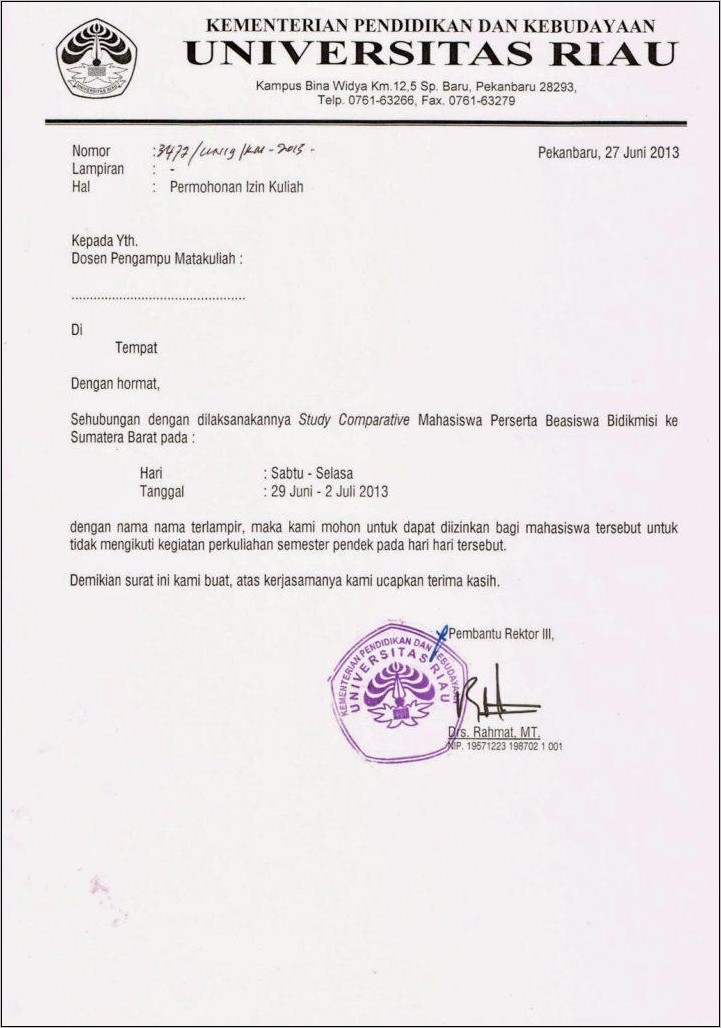 Contoh Surat Izin Acara Kuliah Acara Keluarga