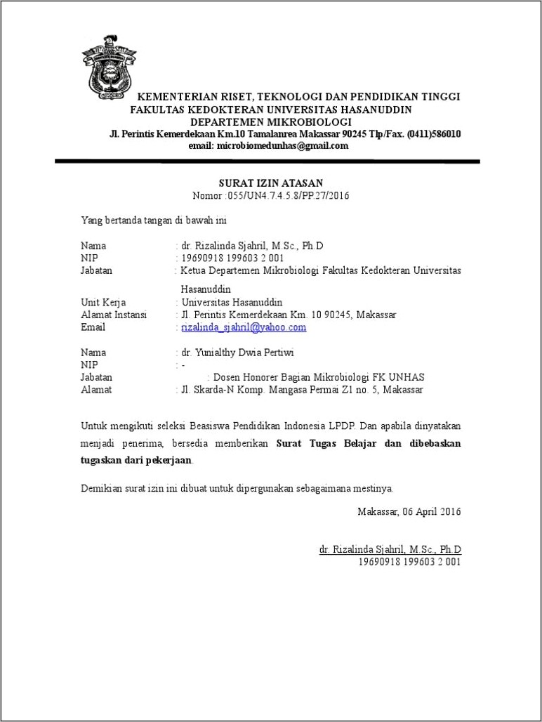 Contoh Surat Izin Atasan Untuk Melanjutkan Pendidikan Doc