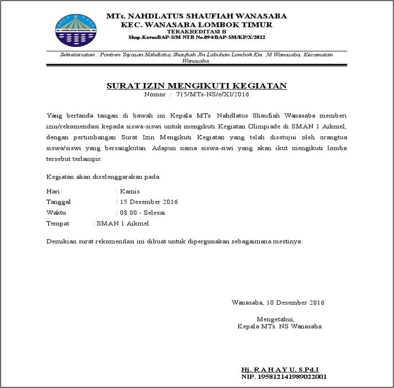 Contoh Surat Izin Belajar Dari Yayasan