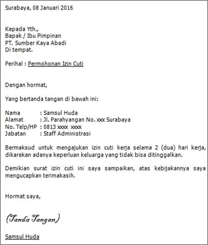 Contoh Surat Izin Cuti Kepentingan Keluarga