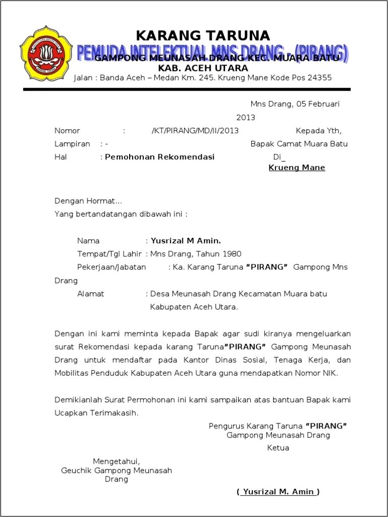 Contoh Surat Izin Dari Organisasi