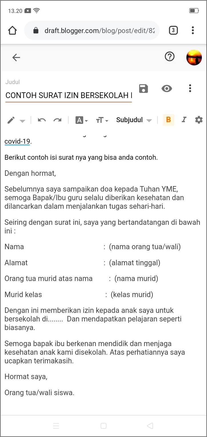 Contoh Surat Izin Dari Sekolah Untuk Wali Murid