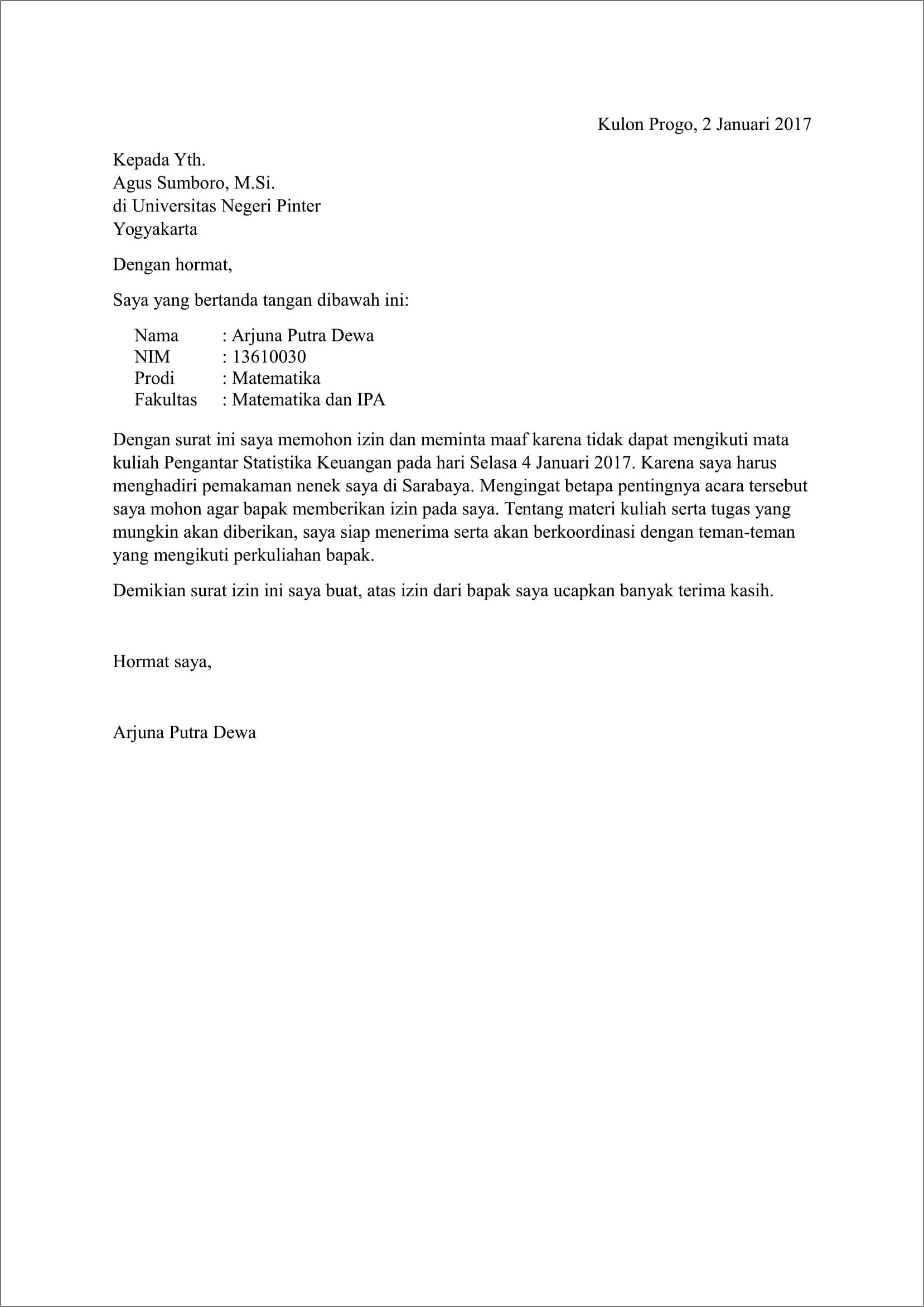 Contoh Surat Izin Formal Tidak Masuk Kuliah
