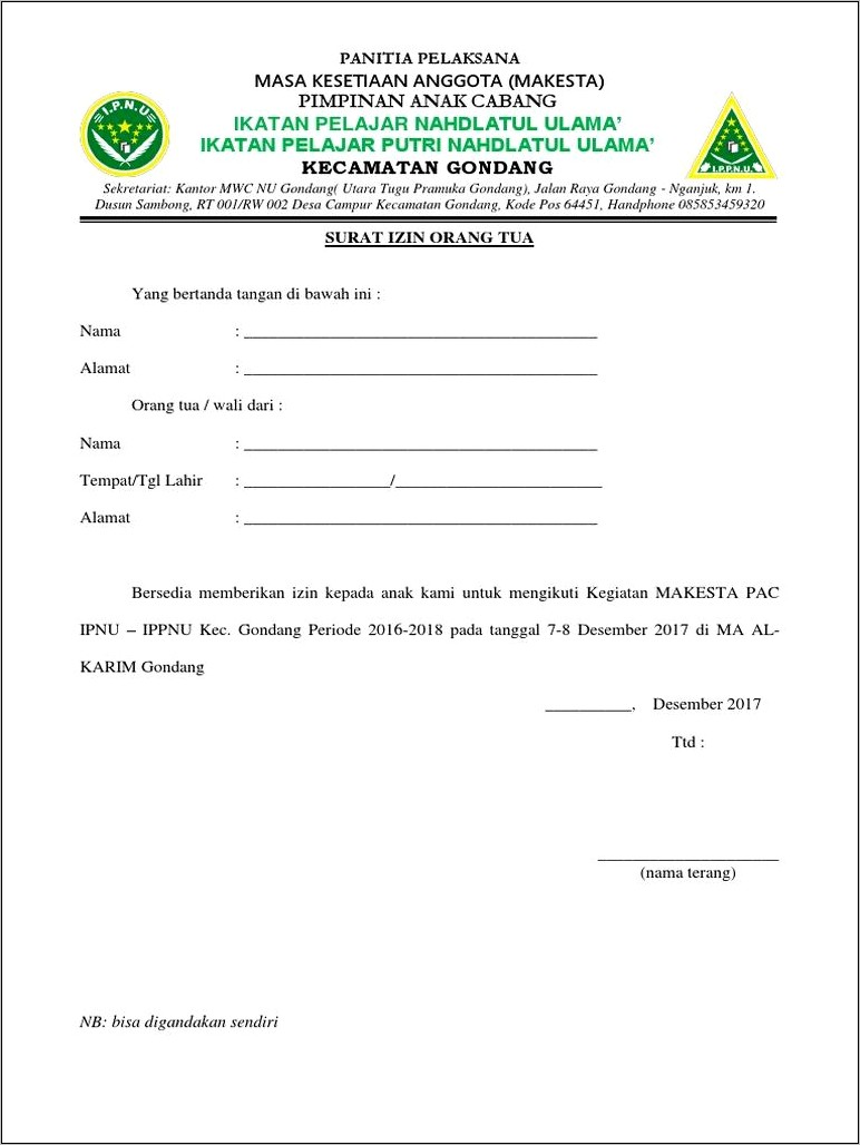 Contoh Surat Izin Ipnu Dan Ippnu Untuk Pondok