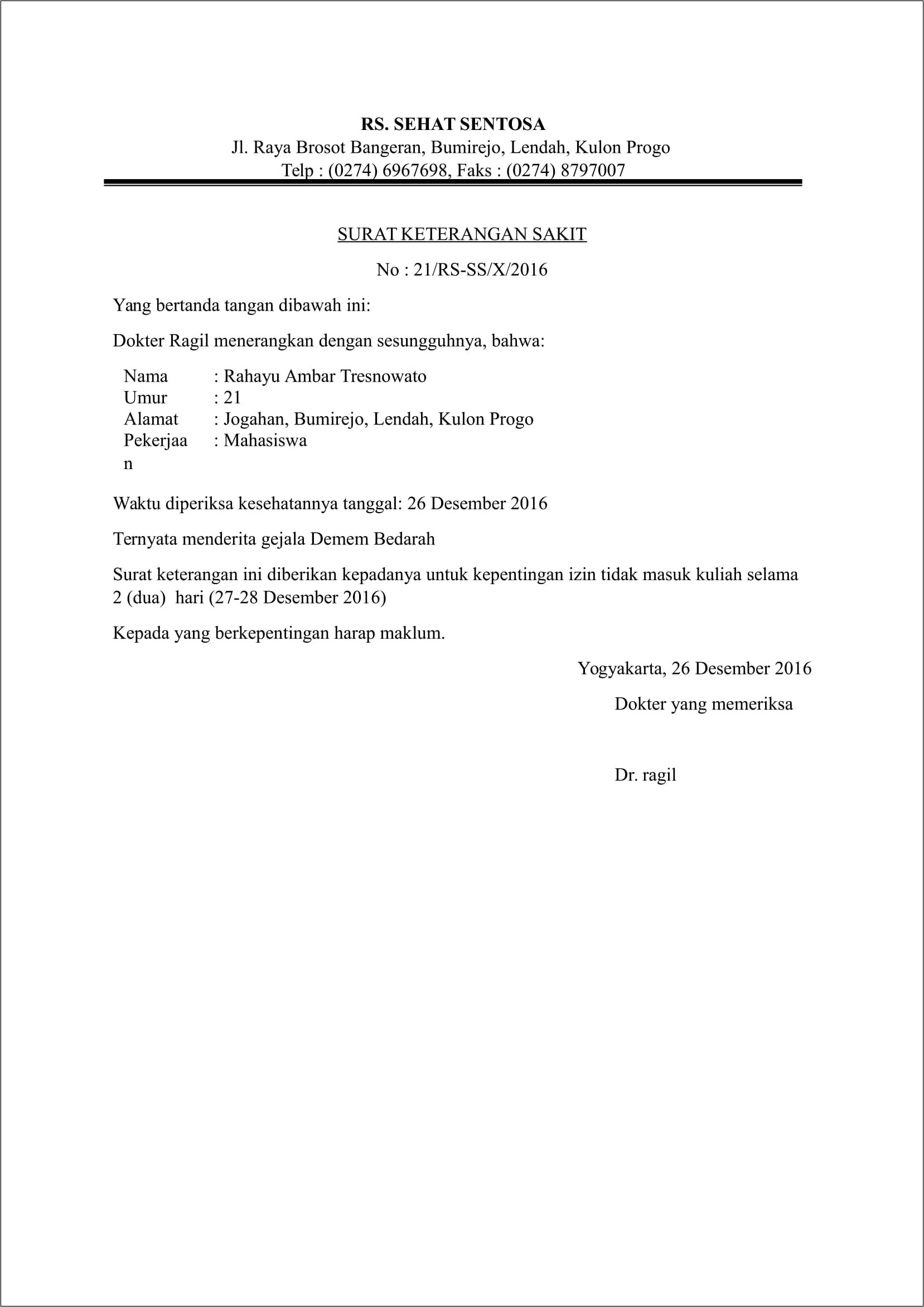 Contoh Surat Izin Kampus Karena Sakit