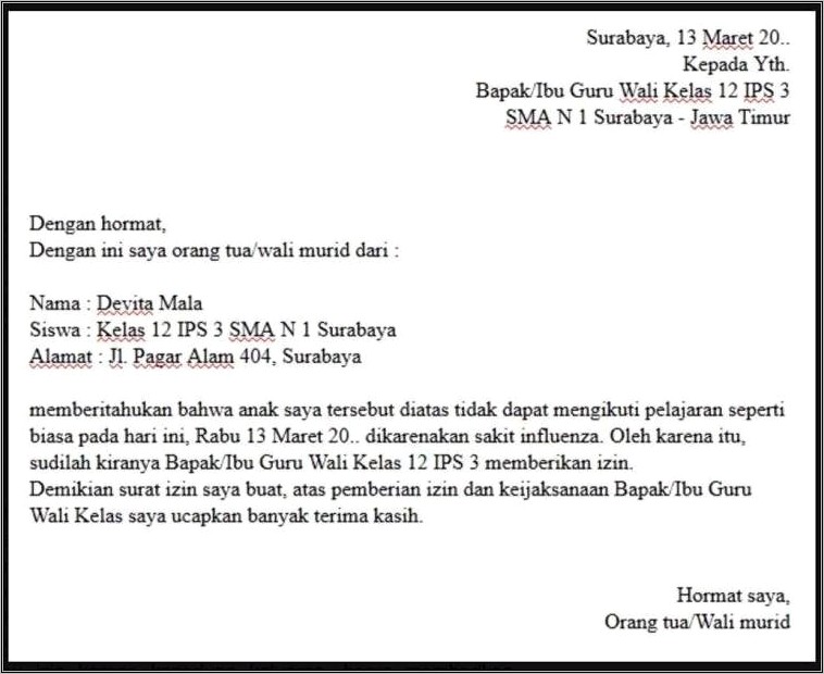 Contoh Surat Izin Karena Orang Tua Sakit
