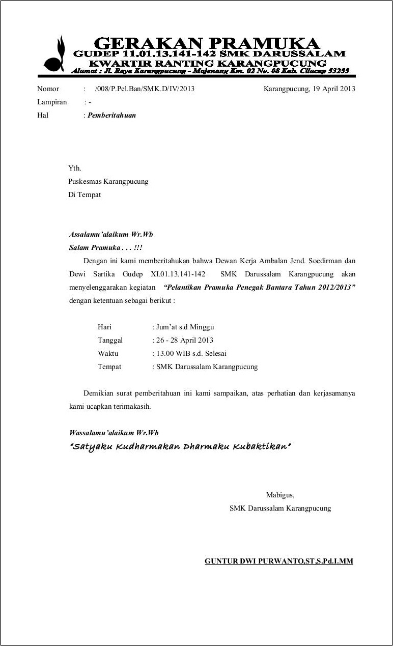 Contoh Surat Izin Ke Orang Tua Untuk Perkemahan Pramuka
