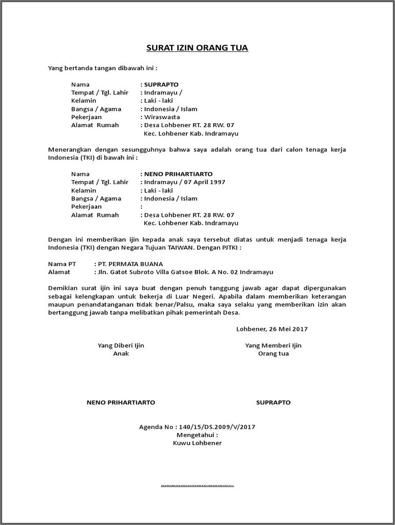 Contoh Surat Izin Keluarga Tki