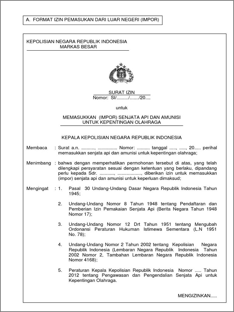 Contoh Surat Izin Kepemilikan Senjata Api