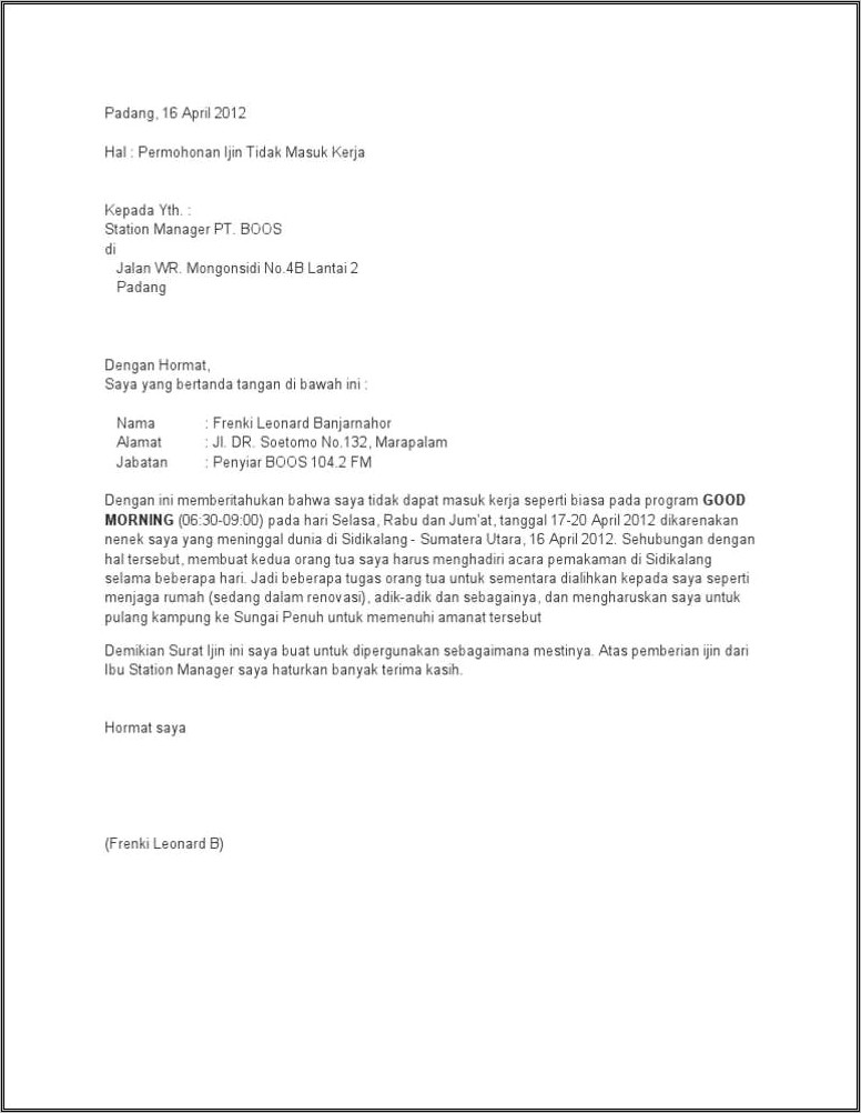 Contoh Surat Izin Kepentingan Keluarga