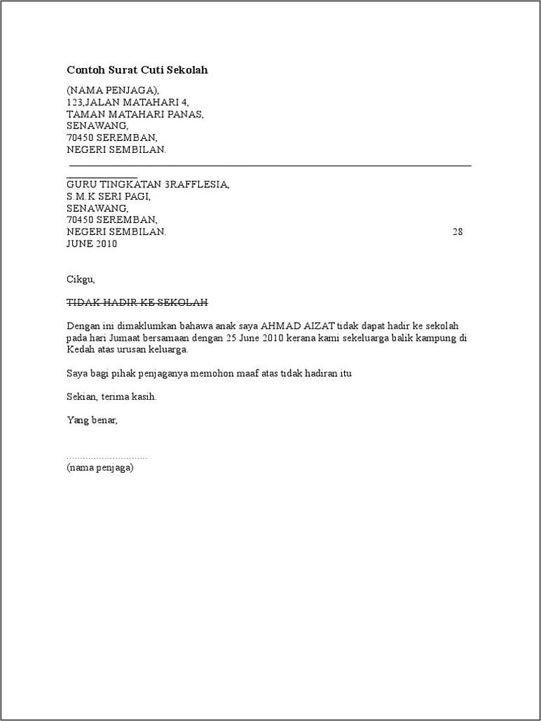 Contoh Surat Izin Ketidakhadiran Guru