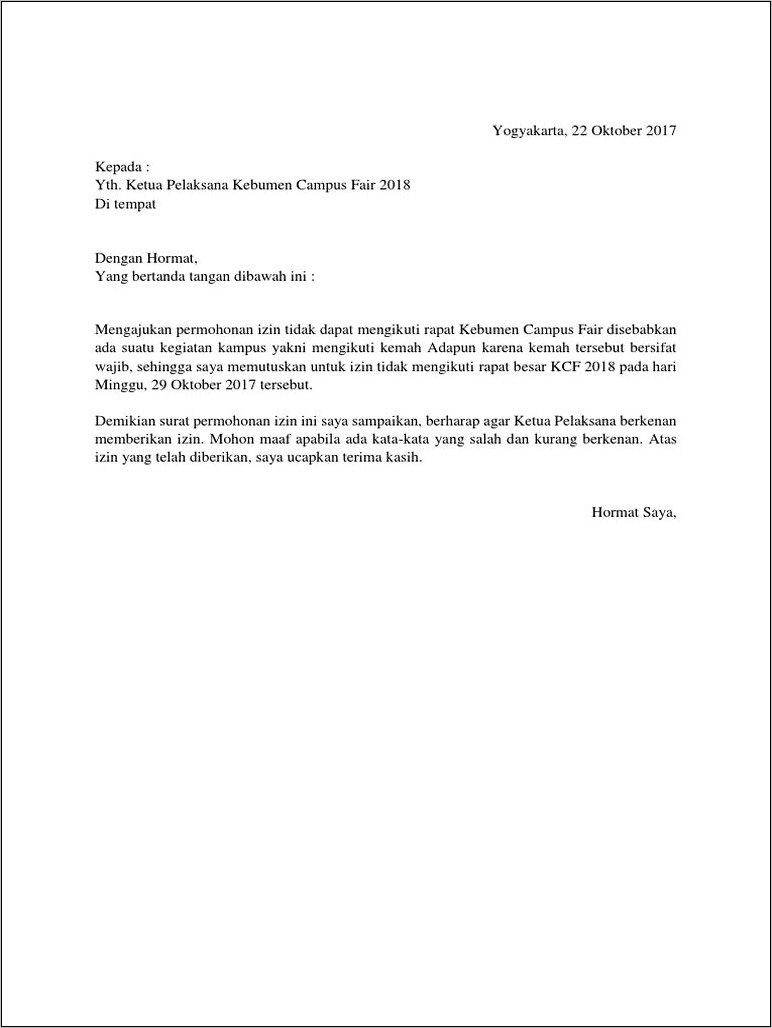 Contoh Surat Izin Ketidakhadiran