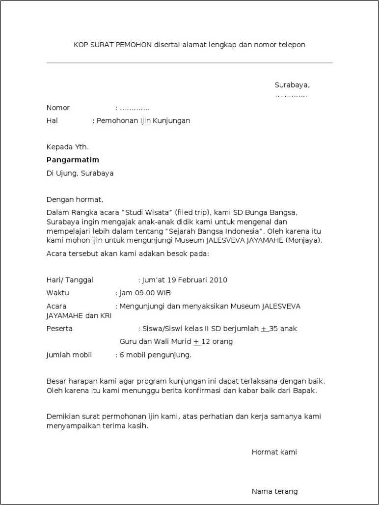Contoh Surat Izin Masuk Tempat Wisata