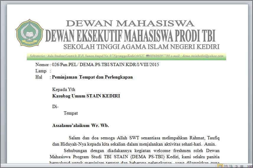 Contoh Surat Izin Memakai Gedung