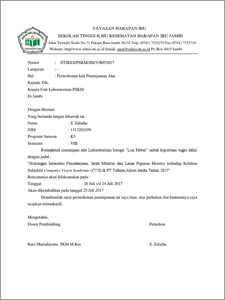 Contoh Surat Izin Meminjam Peralatan Sekolah