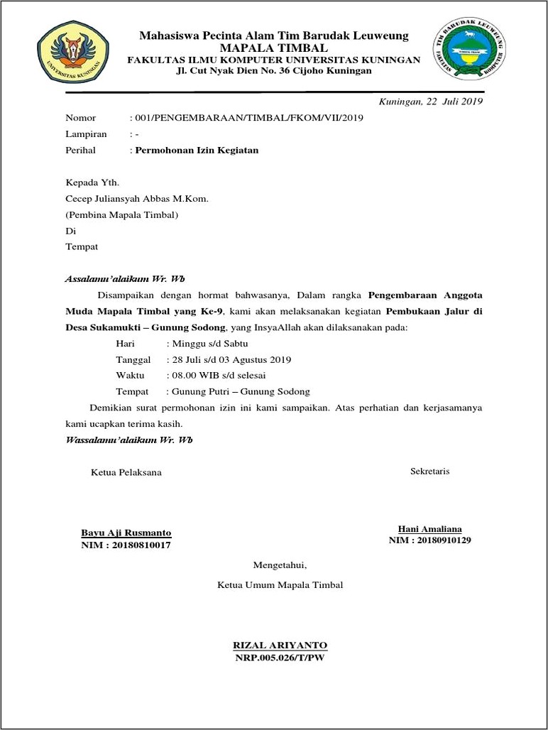 Contoh Surat Izin Mendirikan Komunitas Pecinta Alam
