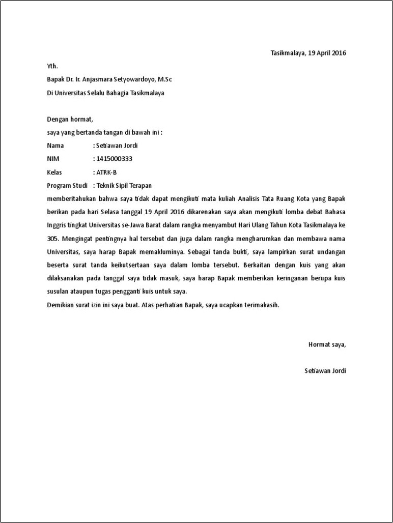Contoh Surat Izin Mengikuti Turnamen Ke Pada Kampus