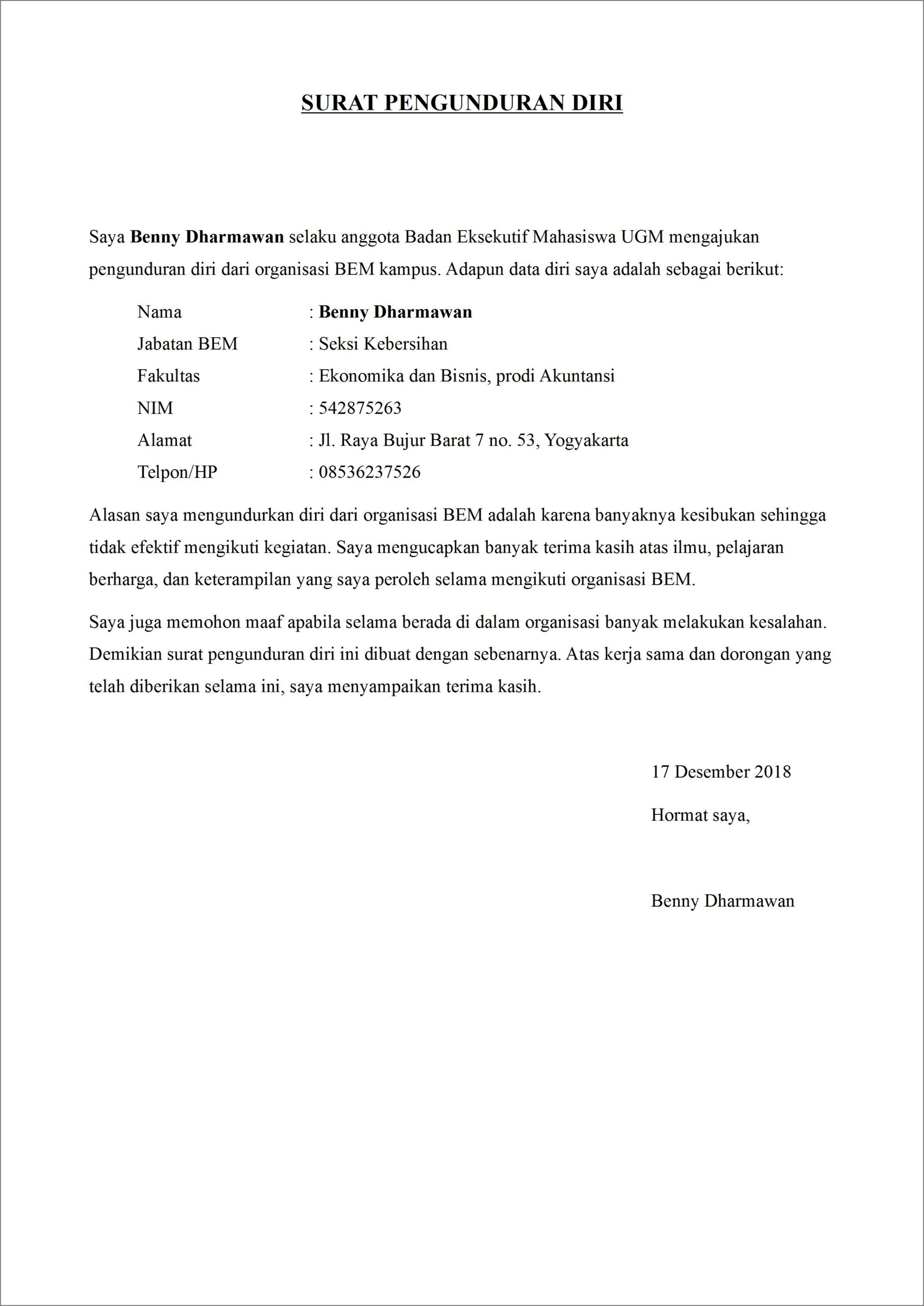 Contoh Surat Izin Mengundurkan Diri